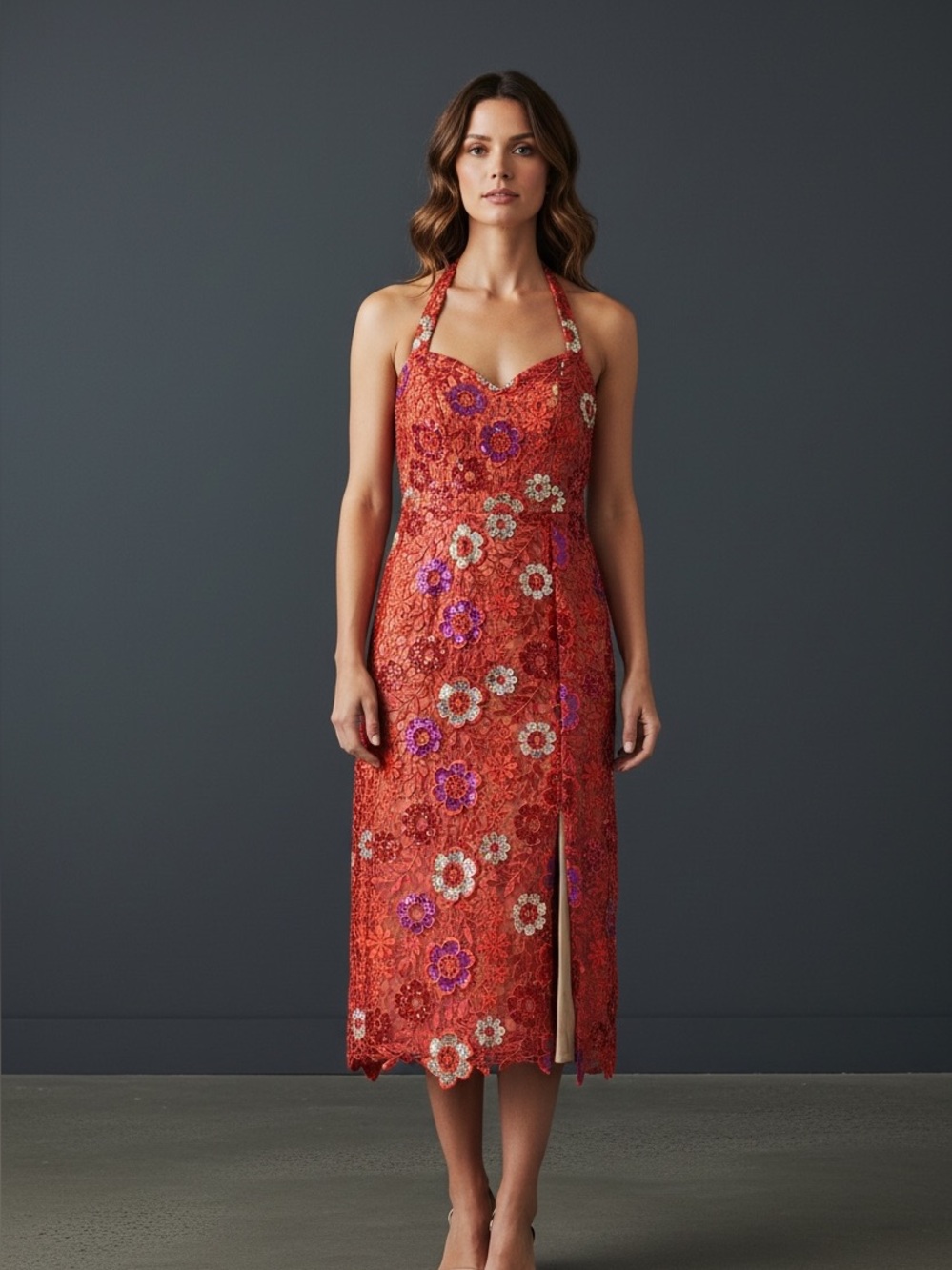 Dress the Population Red Floral Lace Halter Midi Dress